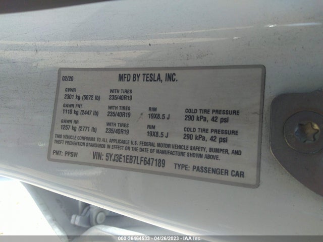 5YJ3E1EB7LF647189 Tesla Model 3 Long Range