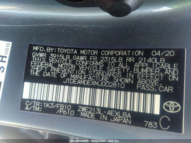 2021 TOYOTA COROLLA HYBRID LE VIN: JTDEAMDEXMJ002810