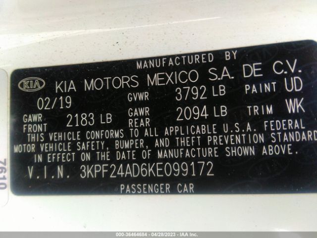 3KPF24AD6KE099172 KIA Forte Lxs