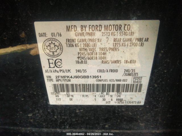 2FMPK4J90GBB13951 Ford EDGE SEL