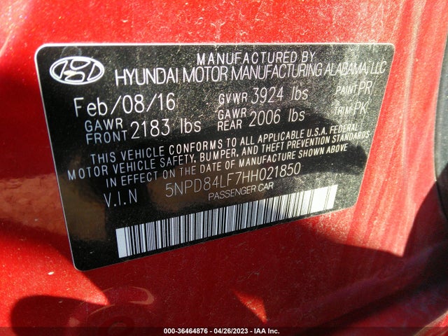 2017 HYUNDAI ELANTRA LIMITED VIN: 5NPD84LF7HH021850