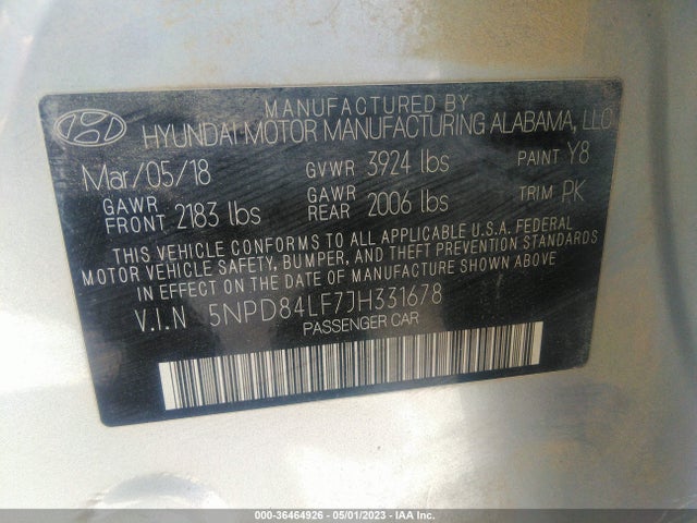 2018 HYUNDAI ELANTRA SEL VIN: 5NPD84LF7JH331678