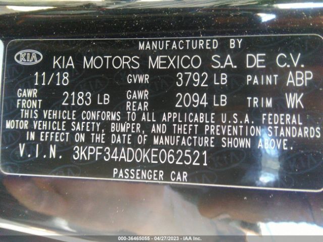 3KPF34AD0KE062521 KIA FORTE S