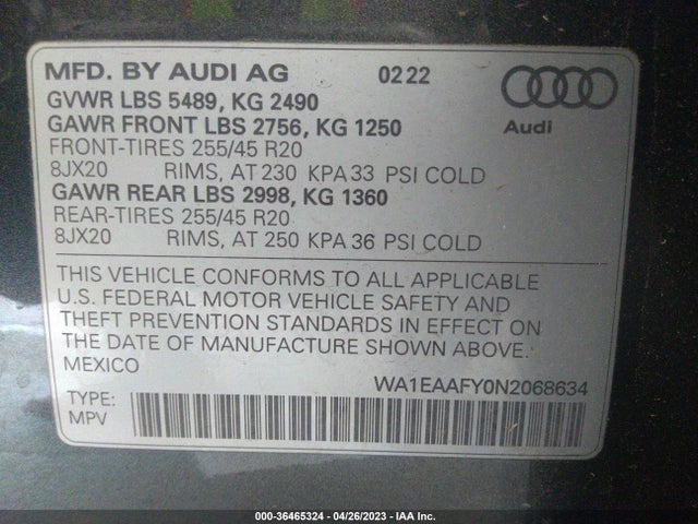 WA1EAAFY0N2068634 Audi Q5 S Line Premium Plus