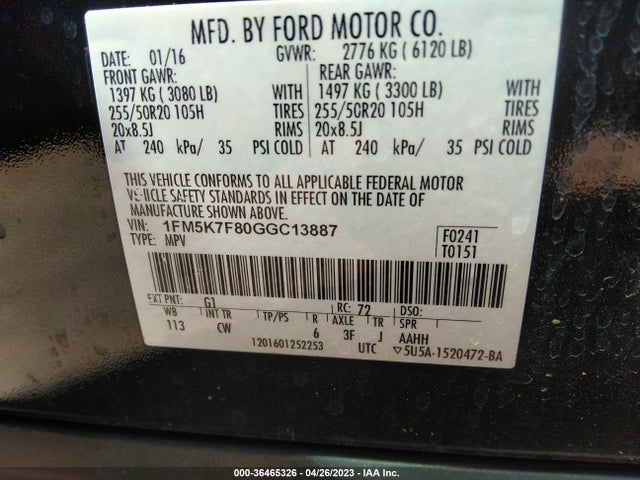 2016 FORD EXPLORER LIMITED VIN: 1FM5K7F80GGC13887