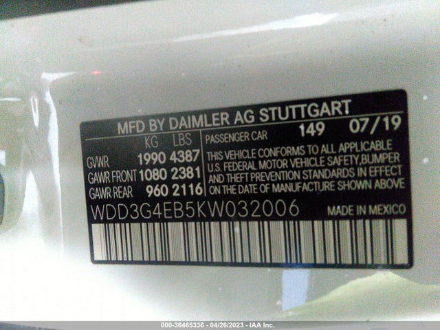 2019 MERCEDES-BENZ A-CLASS A 220 VIN: WDD3G4EB5KW032006