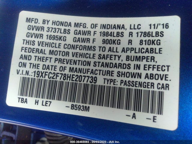 Honda Civic Sedan Ex 2017 19XFC2F78HE207739 Image 9