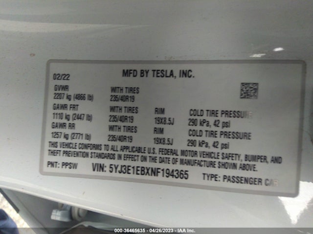 Tesla Model 3 Long Range 2022 5YJ3E1EBXNF194365 Image 10