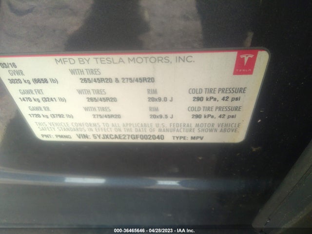 5YJXCAE27GF002040 Tesla Model X 70d/90d/75d/60d