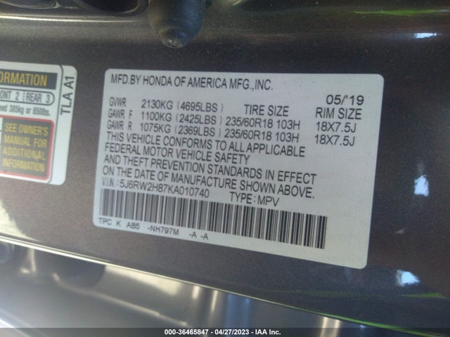 Honda Cr-v Ex-l 2019 5J6RW2H87KA010740 Image 9