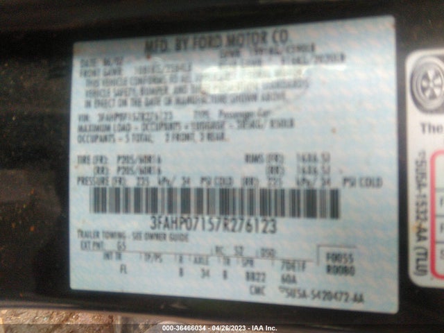 2007 FORD FUSION SE VIN: 3FAHP07157R276123