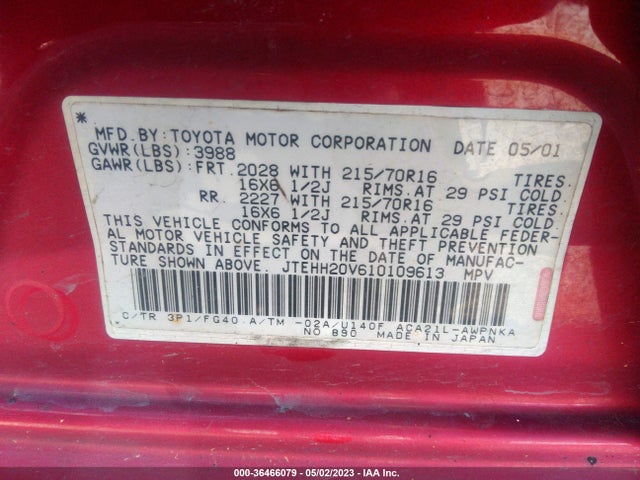 2001 TOYOTA RAV4 VIN: JTEHH20V610109613