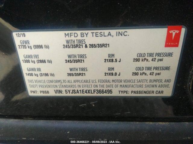 Tesla Model S Performance 2020 5YJSA1E4XLF366495 Image 10