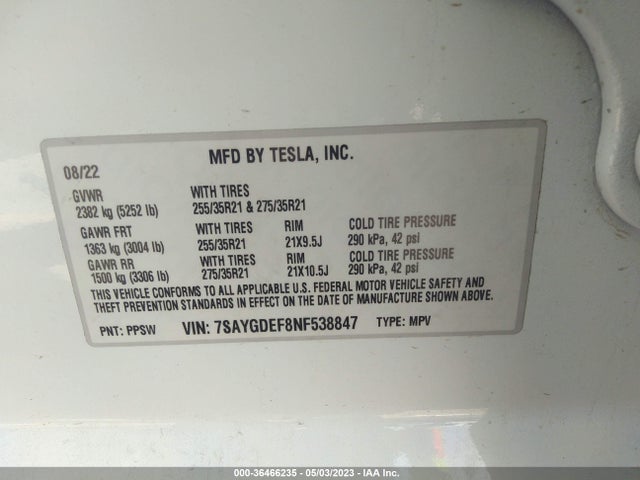 Tesla Model Y Performance 2022 7SAYGDEF8NF538847 Image 11