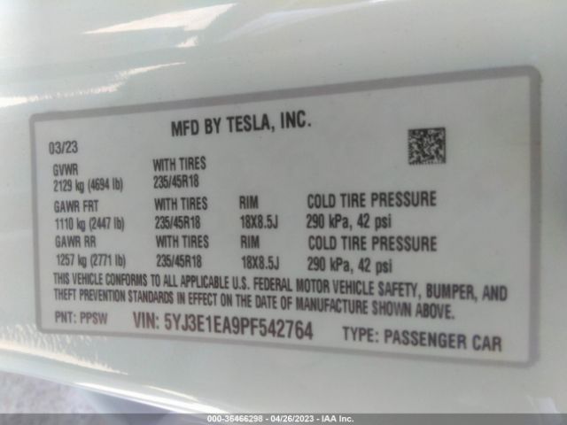 5YJ3E1EA9PF542764 Tesla MODEL 3