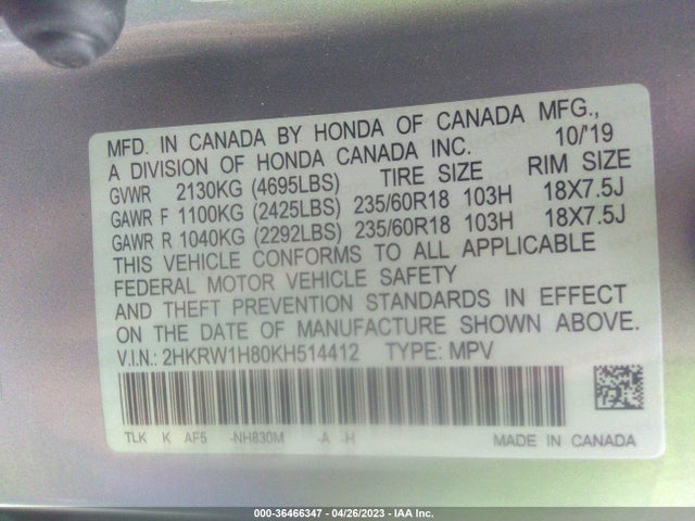 Honda Cr-v Ex-l 2019 2HKRW1H80KH514412 Image 9