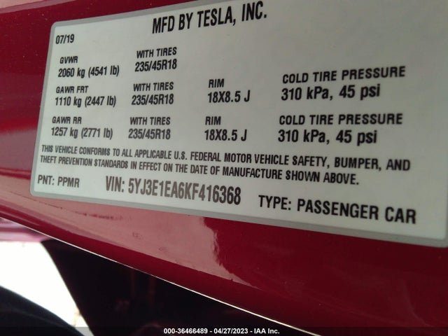 Tesla Model 3 Range 2019 5YJ3E1EA6KF416368 Image 10