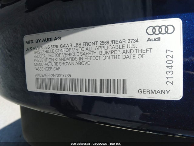 WAU2AGF52NN007735 Audi A5 Cabriolet Premium