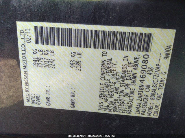 2011 NISSAN ALTIMA 2.5 S VIN: 1N4AL2AP1BN469080