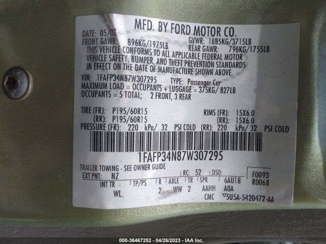2007 FORD FOCUS S/SE/SES VIN: 1FAFP34N87W307295
