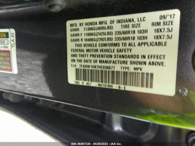 2017 HONDA CR-V EX-L VIN: 7FARW1H87HE036677