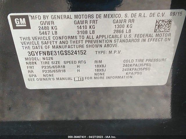 3GYFNBE31GS524152 Cadillac Srx Luxury Collection