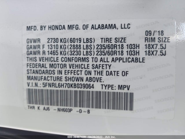 2019 HONDA ODYSSEY EX-L VIN: 5FNRL6H70KB039064