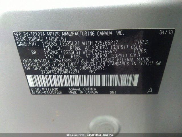 2013 TOYOTA RAV4 XLE VIN: 2T3RFREV2DW042234