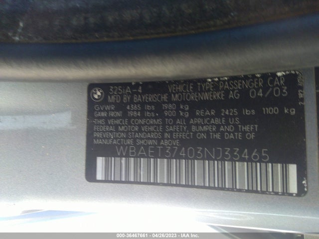 2003 BMW 3 SERIES 325I VIN: WBAET37403NJ33465