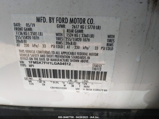 2020 FORD EXPLORER LIMITED VIN: 1FMSK7FH1LGA04512