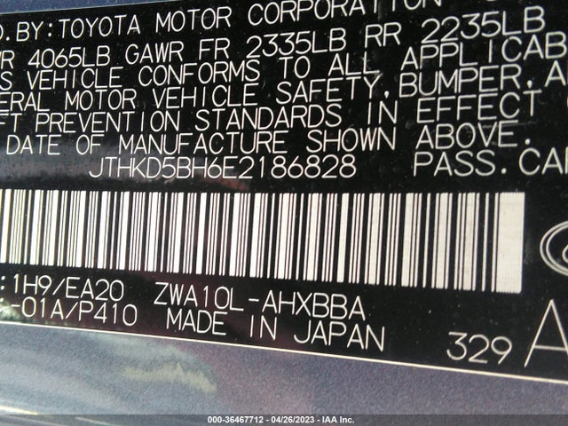 JTHKD5BH6E2186828 Lexus Ct 200h Hybrid