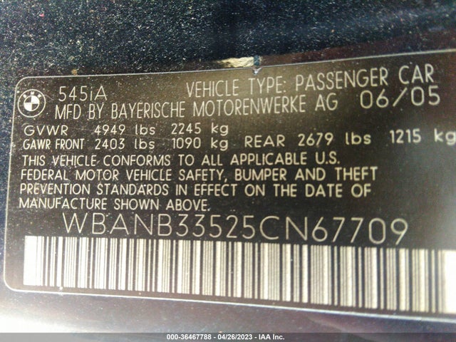 2005 Bmw 5 Series 545i მანქანა იყიდება აუქციონზე, vin: WBANB33525CN67709, აუქციონის ნომერი: 36467788