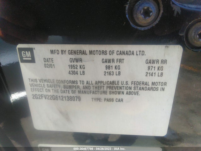 2001 PONTIAC FIREBIRD FORMULA/TRANS AM VIN: 2G2FV22G612138079