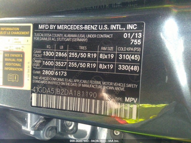 2013 MERCEDES-BENZ M-CLASS ML 350 VIN: 4JGDA5JB2DA181190