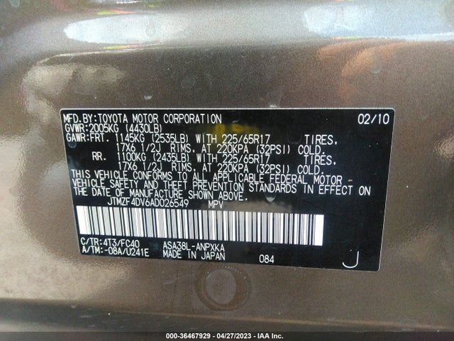 2010 TOYOTA RAV4 VIN: JTMZF4DV6AD026549