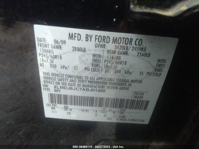 2010 LINCOLN MKX VIN: 2LMDJ6JC7ABJ01496