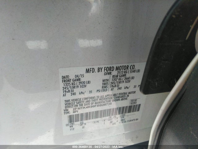 2015 FORD EDGE TITANIUM VIN: 2FMTK4K99FBB28735