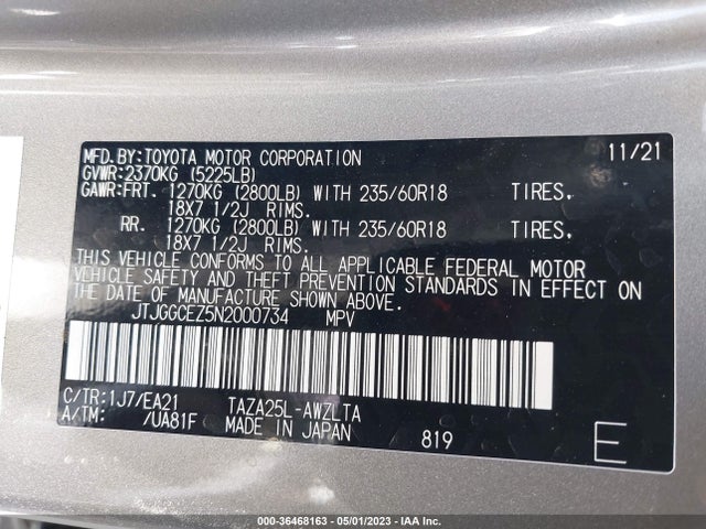 2022 Lexus NX, VIN: JTJGGCEZ5N2000734