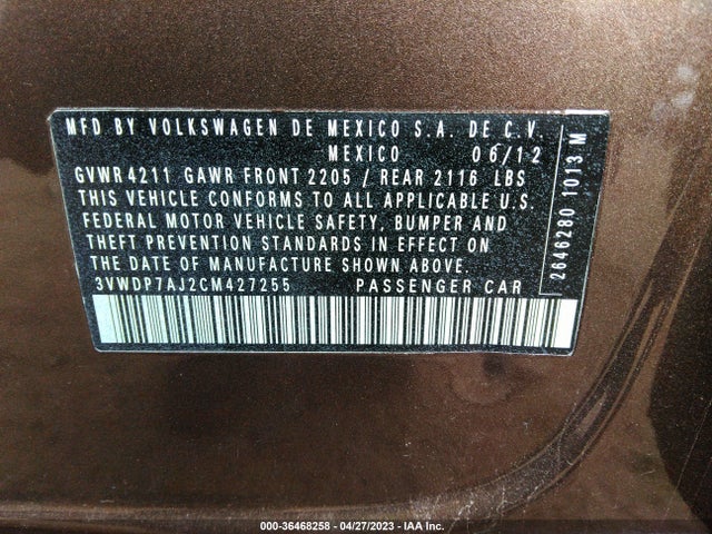 2012 VOLKSWAGEN JETTA SEDAN SE W VIN: 3VWDP7AJ2CM427255