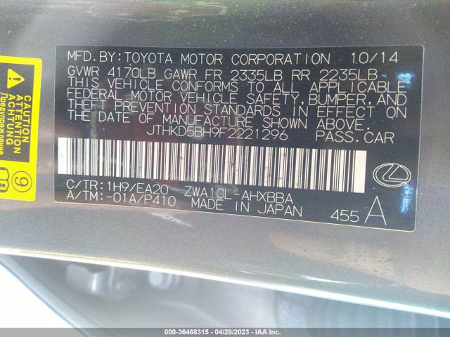 JTHKD5BH9F2221296 Lexus Ct 200h Hybrid