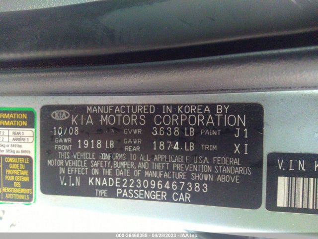 2009 KIA RIO LX VIN: KNADE223096467383