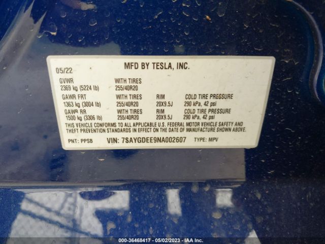7SAYGDEE9NA002607 Tesla Model Y Long Range