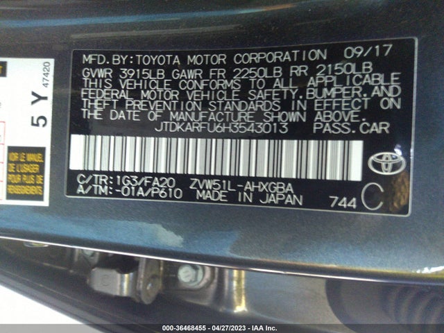 Toyota Prius Two/two Eco/three 2017 JTDKARFU6H3543013 Image 9