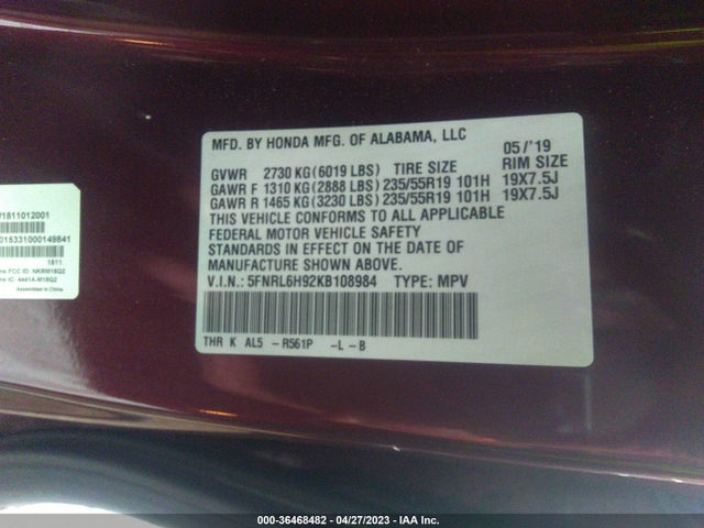 Honda Odyssey Elite 2019 5FNRL6H92KB108984 Image 9