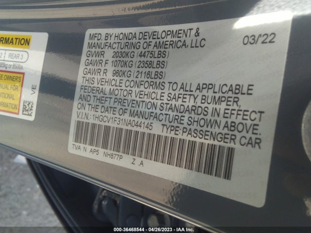 2022 HONDA ACCORD SEDAN SPORT VIN: 1HGCV1F31NA044145