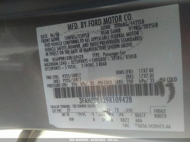 2009 FORD FUSION SEL VIN: 3FAHP08129R109428