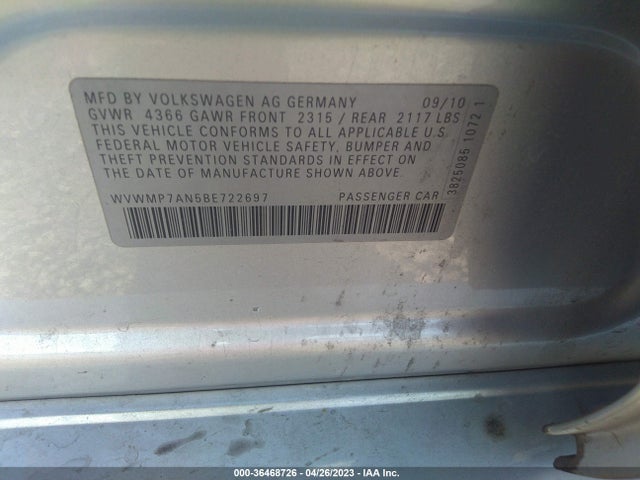 2011 VOLKSWAGEN CC SPORT VIN: WVWMP7AN5BE722697