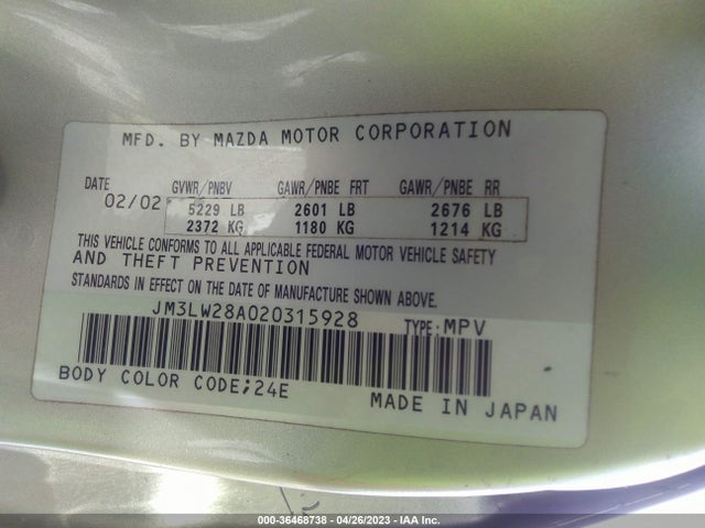 2002 MAZDA MPV LX/ES VIN: JM3LW28A020315928