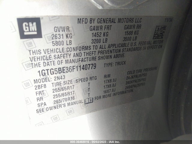 2015 GMC CANYON 2WD SLE VIN: 1GTG5BE36F1140779
