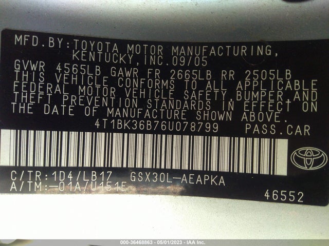 2006 TOYOTA AVALON XL/TOURING/XLS/LIMITED VIN: 4T1BK36B76U078799
